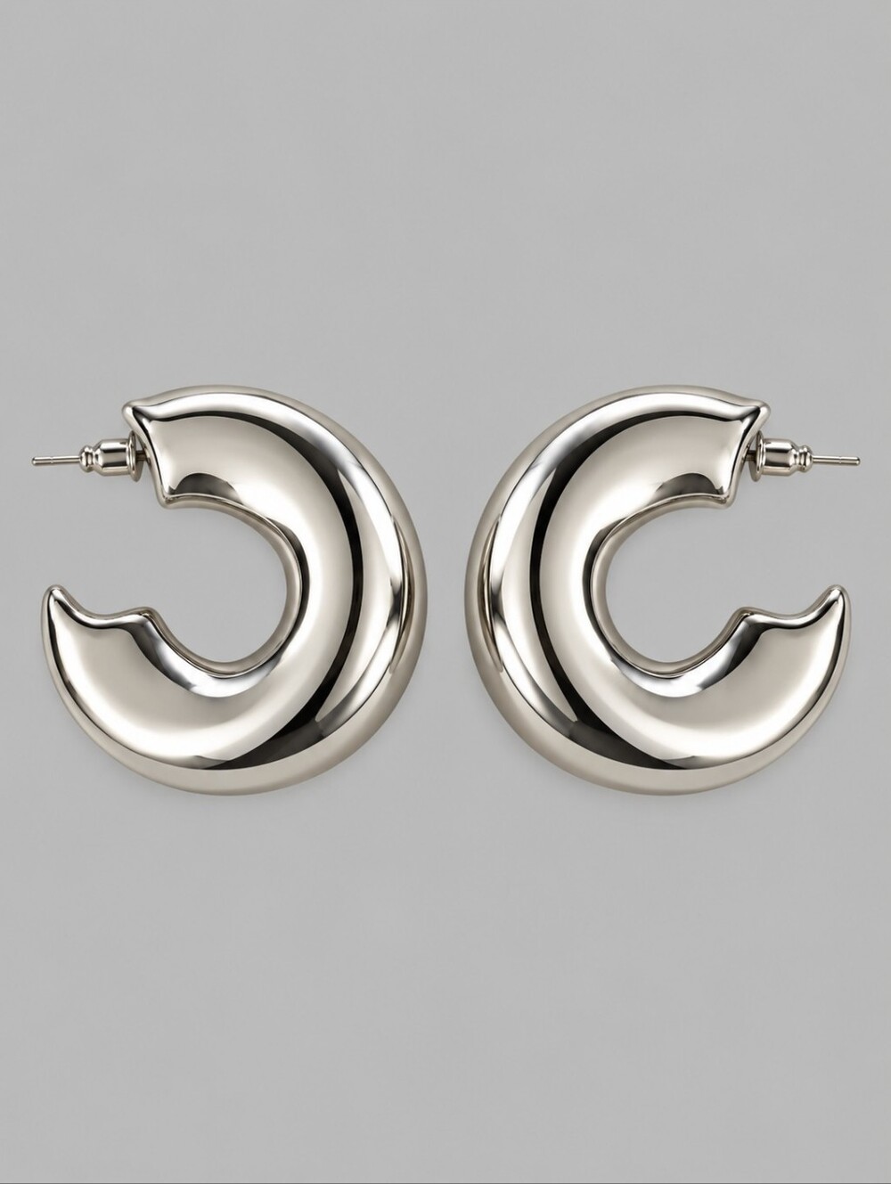 Sculpted Silvertone Crescent Chunky Hoop Earrings